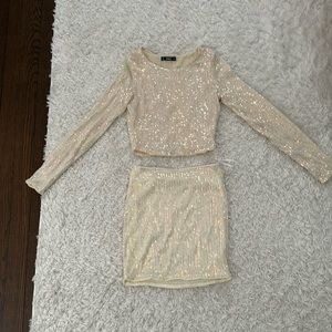 Never worn long sleeve top and bottom beige sequin